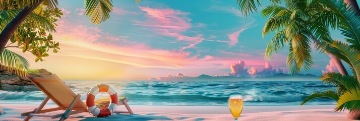 Wall Mural - Tropical Beach Escape:Vibrant Sunset Scenery in Paradise Getaway with Palm Trees,Ocean,and Serene Atmosphere for Summer Vacation and Relaxation