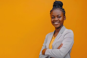 Confident young African American woman in business attire smiling.