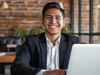 a young Hispanic businessman smiling while seated at a desk with a laptop, inside a modern office