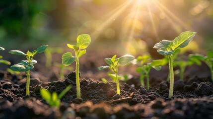 Young green plant seedlings growing in fertile soil with sunlight shining through. Concept of growth,agriculture,natural development,and environmental sustainability.