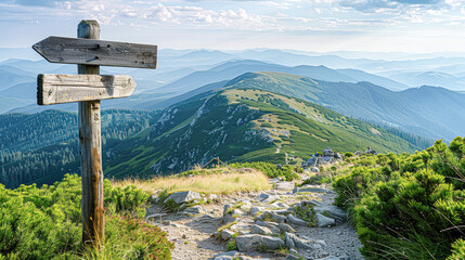 Wall Mural - A signpost is on a hillside in a lush green field