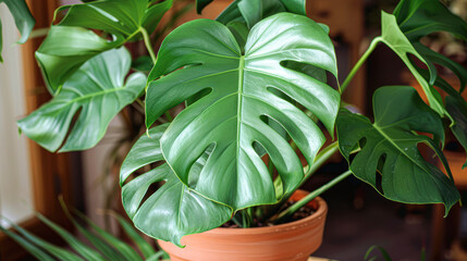 Wall Mural - Vibrant Monstera Deliciosa Plant in Clay Pot Close-up of Lush Tropical Foliage with Split Leaves