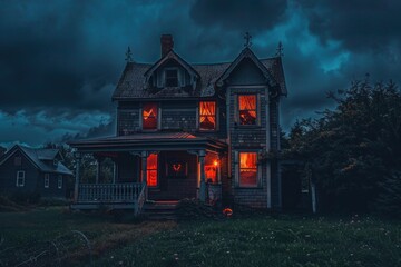 A haunted house with eerie lights flickering in the windows on a dark, stormy night.