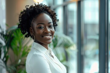 Portrait of an attractive young african businesswoman smiling while standing by windows in office