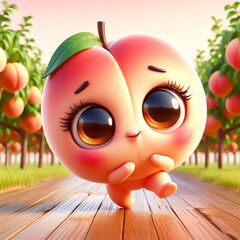 Wall Mural - 3D funny peach cartoon isolated on white background. Fruit and agriculture for a healthy diet
