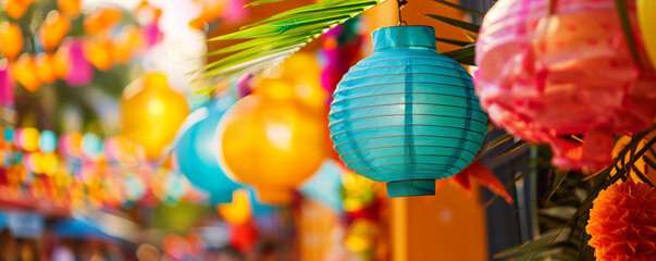 Festa Junina background with a close-up of traditional Brazilian decorations like paper lanterns, colorful banners, and straw decorations, set against a backdrop of a lively festival scene.