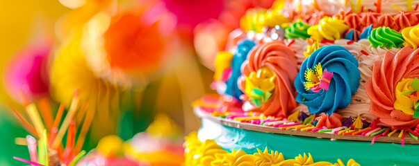 Festa Junina background with a detailed close-up of a traditional Brazilian cake, colorful icing, and straw decorations, set against a backdrop of a festive dessert table.