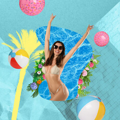 Wall Mural - Creative collage with beautiful woman in bikini among falling beach balls on light blue background