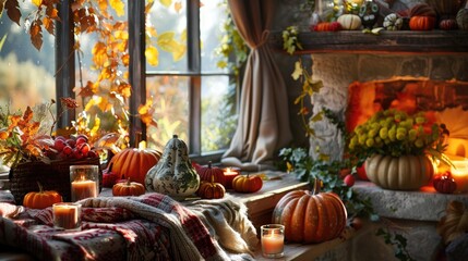Arrangement of fall elements in a cozy indoor setting