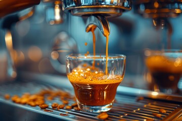 Close-up of espresso pouring from coffee machine at cafe. Professional barista coffee brewing 