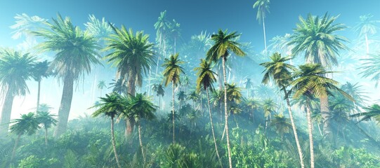 Wall Mural - Jungle in the fog, palm trees in the morning, haze in the jungle, palm trees in the haze, 3D rendering