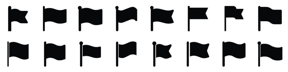 Wall Mural - Set of Black Flag Icons in Various Styles and Shapes. Collection of 16 Vector Black Flag Icons. Vector Illustration.