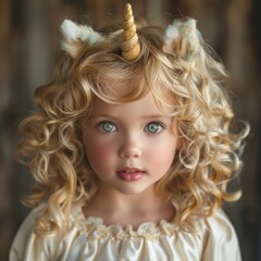 baby girl with blonde hair curly hair dress like unicorn