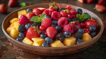 Wall Mural - Capture the vibrant colors and textures of a plate of fresh fruit, featuring juicy berries, sweet pineapple, and crisp apple