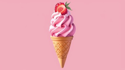 A cartoonish ice cream cone with a strawberry on top