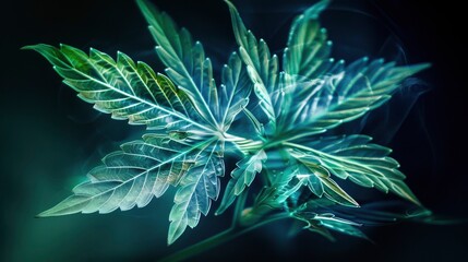 Wall Mural - Green neon and shiny plant leaves, glitch effect on dark background