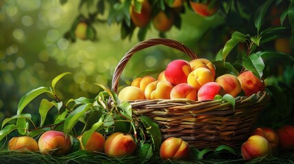 Poster - Bright Yellow Peach and Nectarine Fruits in Wooden Basket on Greenery Background