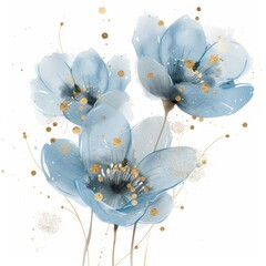 Wall Mural - botanical watercolor design with blue flowers and leaves over white background, floral wedding background,
