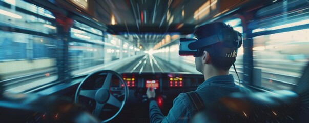 Man is using virtual reality to simulate train driving experience, driving license concept banner. Generative AI.