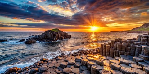 Wall Mural - Sunset over the sea at Giants Causeway, UNESCO World Heritage Site, sunset, sea, ocean, Giants Causeway