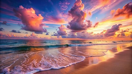 Wall Mural - Serene beach at sunset with pink clouds and calm waves, beach, sunset, pink clouds, calm waves, ocean, scenic, tranquil