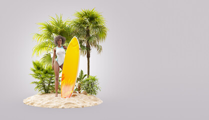 Poster - Unusual 3d illustration of slender black woman with surfboard on tropical island at the ocean.