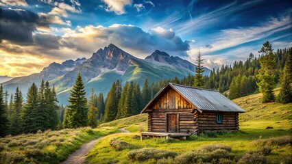Wall Mural - Serene image of a solitary cabin nestled in the mountains , solitude, cabin, mountain, peaceful, tranquil, remote, isolated