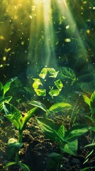 Wall Mural - Young plants growing with recycle symbol in sunlight, ecological conservation concept