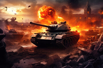 Wall Mural - generated illustration of Armored tank shooting of a battle field in a war.