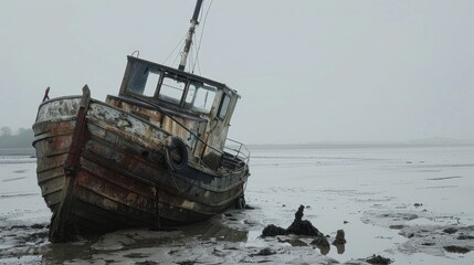 Wall Mural - An old fishing boat in poor condition stranded on sandy shore