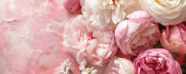 Wall Mural - Mother's Day background with a pink and white color scheme featuring roses and peonies.
