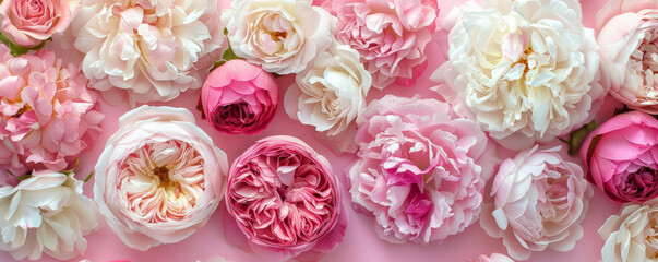 Wall Mural - Mother's Day background with a pink and white color scheme featuring roses and peonies.