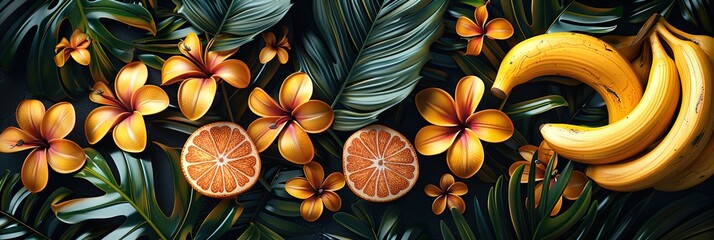 Wall Mural - A close up of a bunch of bananas and oranges with flowers in the background