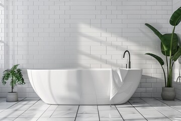 Aufkleber - A newly renovated bathroom with a freestanding bathtub, white tile, and modern fixtures. Generative AI