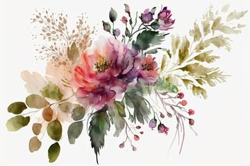 botanical watercolor design with bright flowers and leaves, floral background