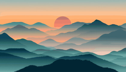 Beautiful minimal illustration of dark blue-green mountain landscape with sunrise and sunset fog in orange dawn sky, nature adventure tone, scenery painting, serene tranquil nature background