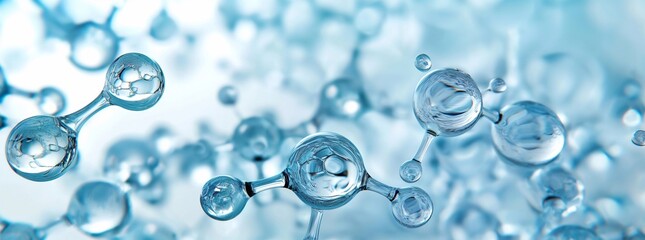 Wall Mural - Water molecules and closeup of water on a light blue white gradient background, light gray tone, transparent glass material.