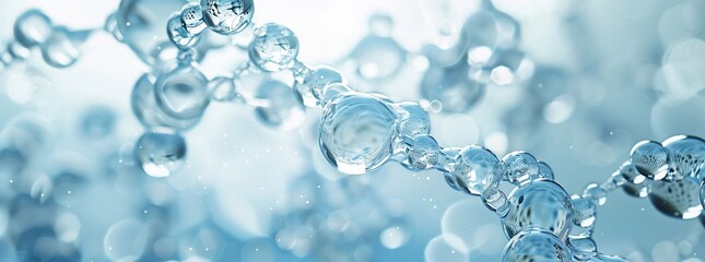 Water molecules and closeup of water on a light blue white gradient background, light gray tone, transparent glass material.