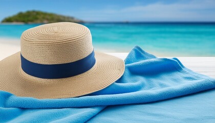 Canvas Print - blue towel with hat and summer beach