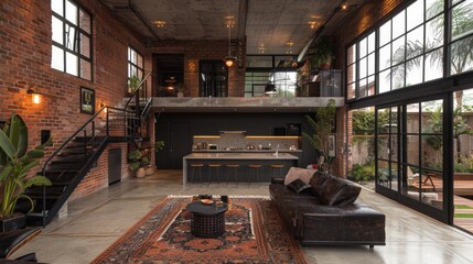 Wall Mural - Elevate your kitchen with industrial-inspired elements such as exposed brick walls, concrete floors, and sleek black fixtures for a modern