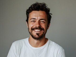 Portrait of a merry man in his 30s smiling at the camera isolated on minimalist or empty room background