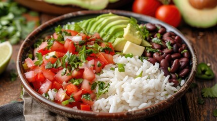 Delicious rice beans and avocado in a bowl on the table