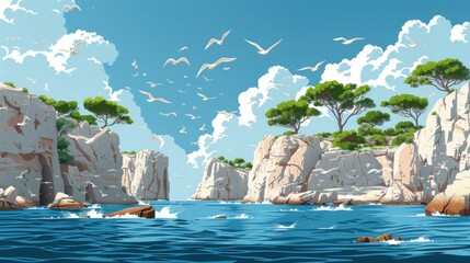 Wall Mural - Beautiful coastal cliff and ocean view with tranquil water, birds flying, and lush green trees under a bright sunny sky with scattered clouds