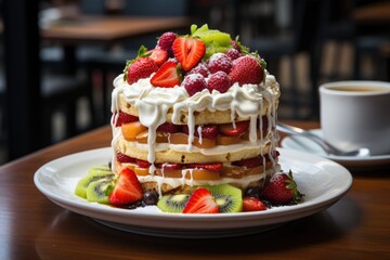 Canvas Print - Strawberry cake with whipped cream and fresh fruits., generative IA