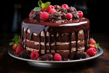 Poster - Chocolate cake with ganache and raspberries., generative IA