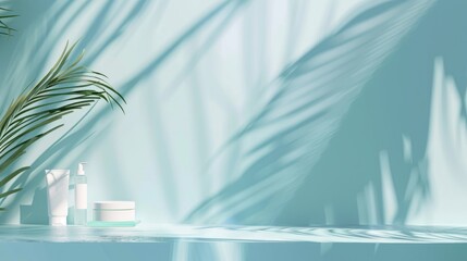 Wall Mural - Simplistic backdrop for showcasing a beauty item High end stand with tropical palm leaf shadow on light blue surface Display case with banner