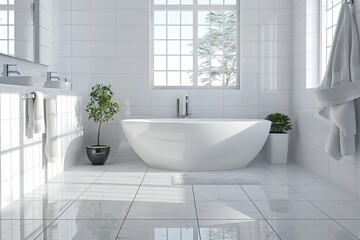 Aufkleber - A freshly renovated bathroom features white tiles, a sleek bathtub, and modern fixtures. The space looks clean, inviting, and stylish. Generative AI