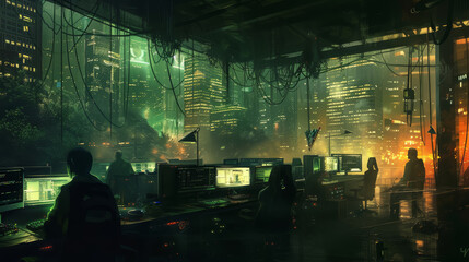 A group of IT specialists sits at their workplace overlooking the city of the future. Future remote work concept.