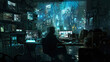 © Monktwins - A hacker in a dark room works at a computer overlooking a futuristic city. Future remote work concept.