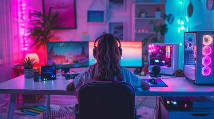 A girl gamer sits at her workplace in a room with neon lighting. The concept of remote work and virtual hobbies.